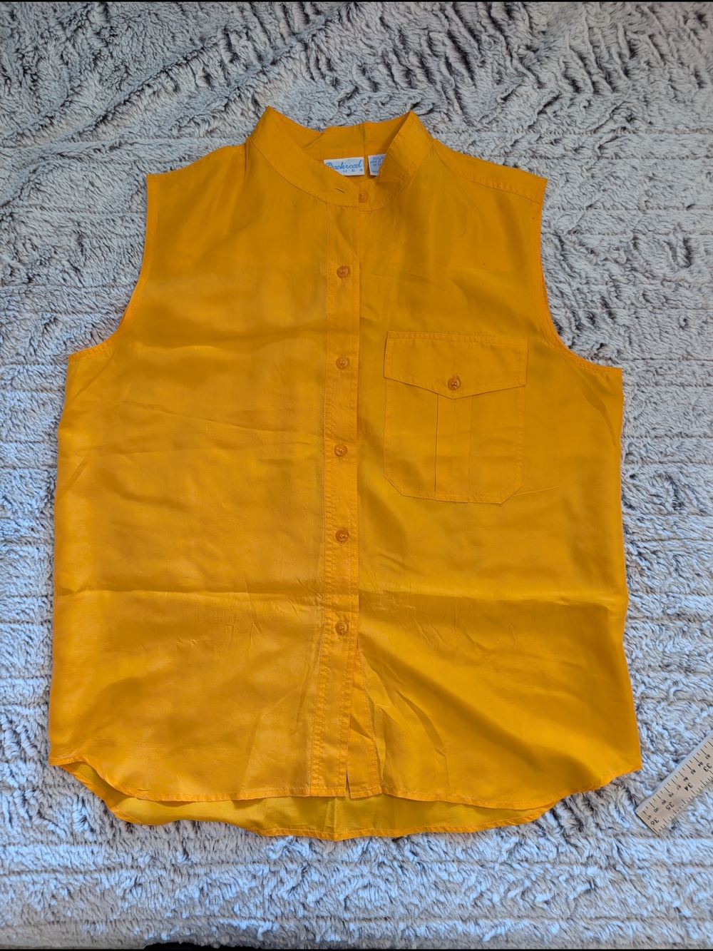 100% Silk Sleeveless Mandarin Collar Button-Up Tank in Vibrant Orange